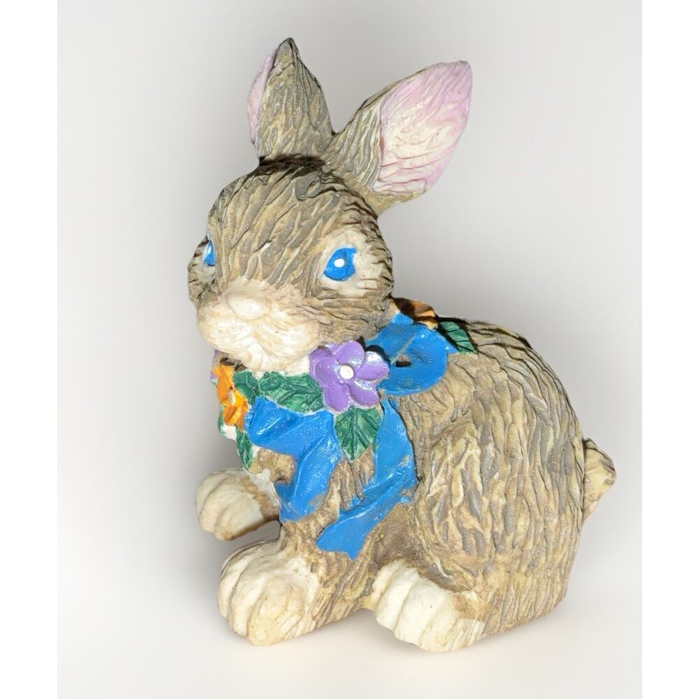 Vintage Heavy Resin Bunny Rabbit Blue Bow With Flowers Figurine 2”